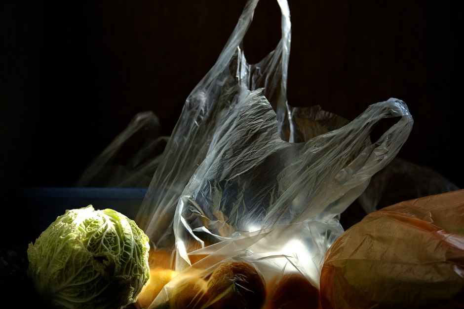 野菜や果物を入れた半透明のレジ袋